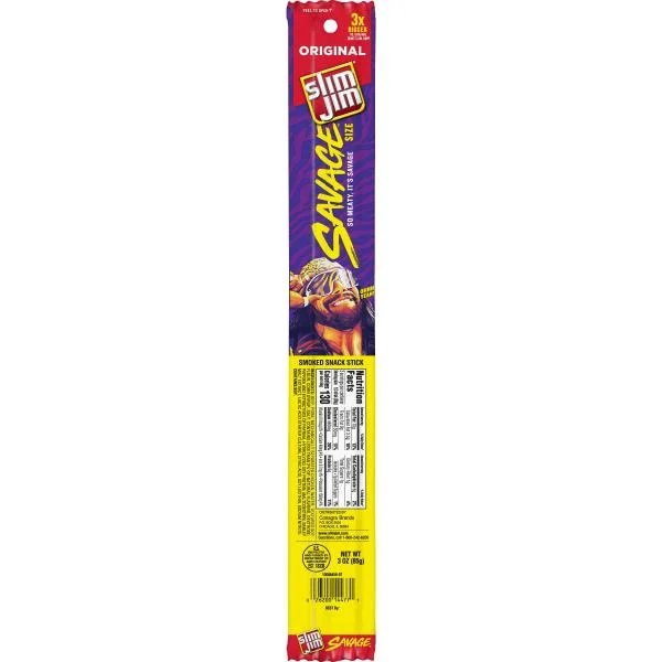 Slim Jim Meat Sticks Savage Original Powerwing 3 Ounce Size - 36 Per Case.