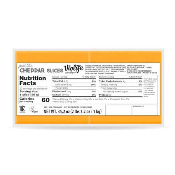 Violife Vegan Just Like Cheddar Slices 2.2 Pound Each - 5 Per Case.