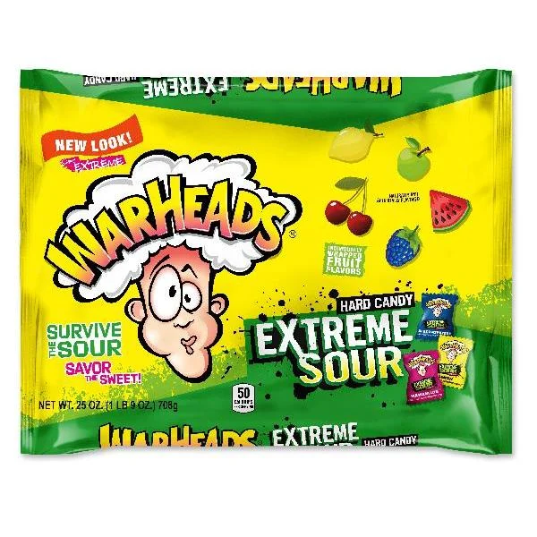 Warheads Extreme Sour Hard Candy Laydown Bag 25 Ounce Size - 12 Per Case.